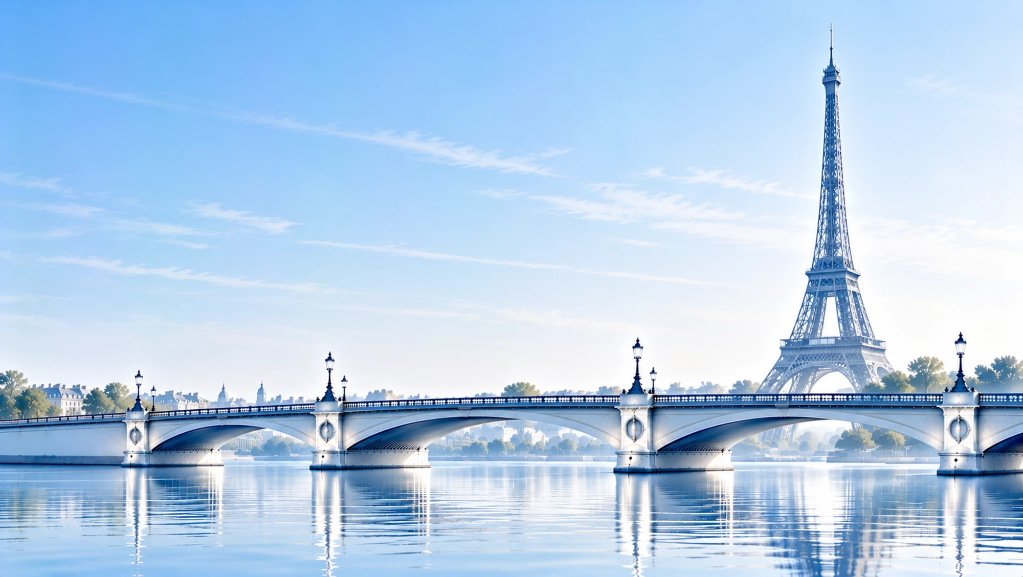 La tour Eiffel et un pont sur la Seine, sous un ciel bleu pâle