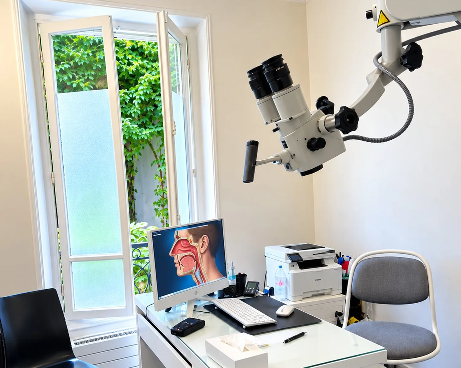 Le bureau de consultation du cabinet, avec le microscope ORL et la fenêtre ouverte sur la verdure